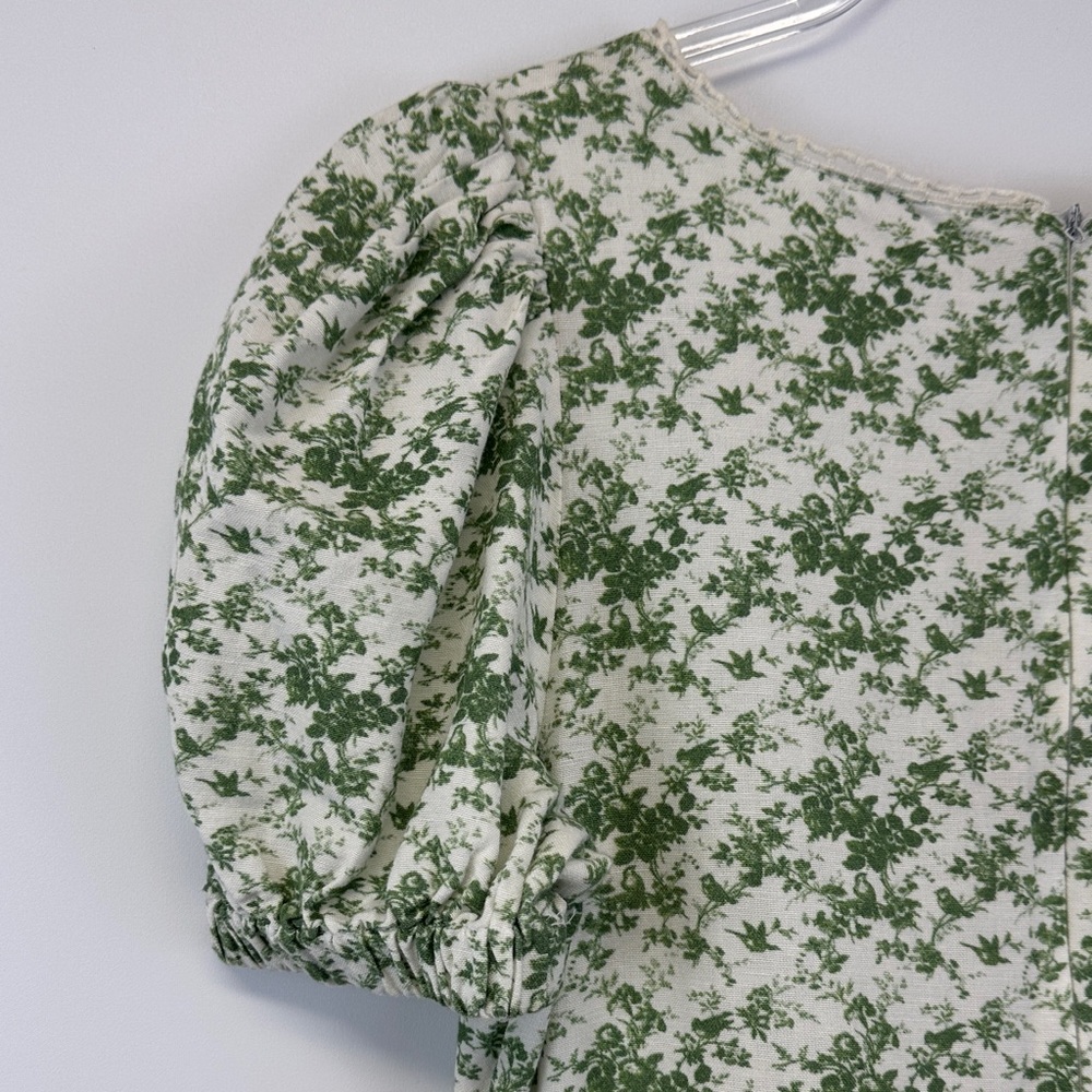 Krewe Du Q Green Floral Toile Puff Sleeve Cottagecore Mini Dress Size S - Picture 7 of 8
